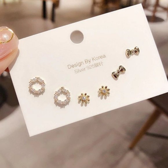 [3 Pairs] 925 Sterling Silver Diamond Earrings A - Picture 7 of 8